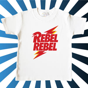 David Bowie Rebel, Rebel T-Shirt. Collection of bagygrows, t-shirts and jumpers. Baby, toddler and kids sizes. Handmade and exceptional quality.